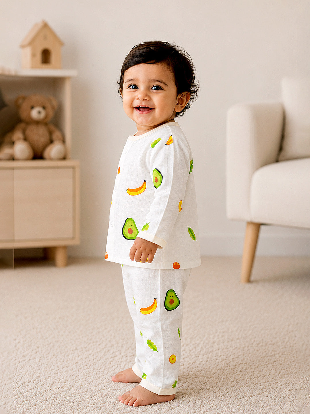 Fruity Fun Baby Co-ord Set | Muslin Cotton | Full Sleeve Top & Full Pants | 0–12 Months