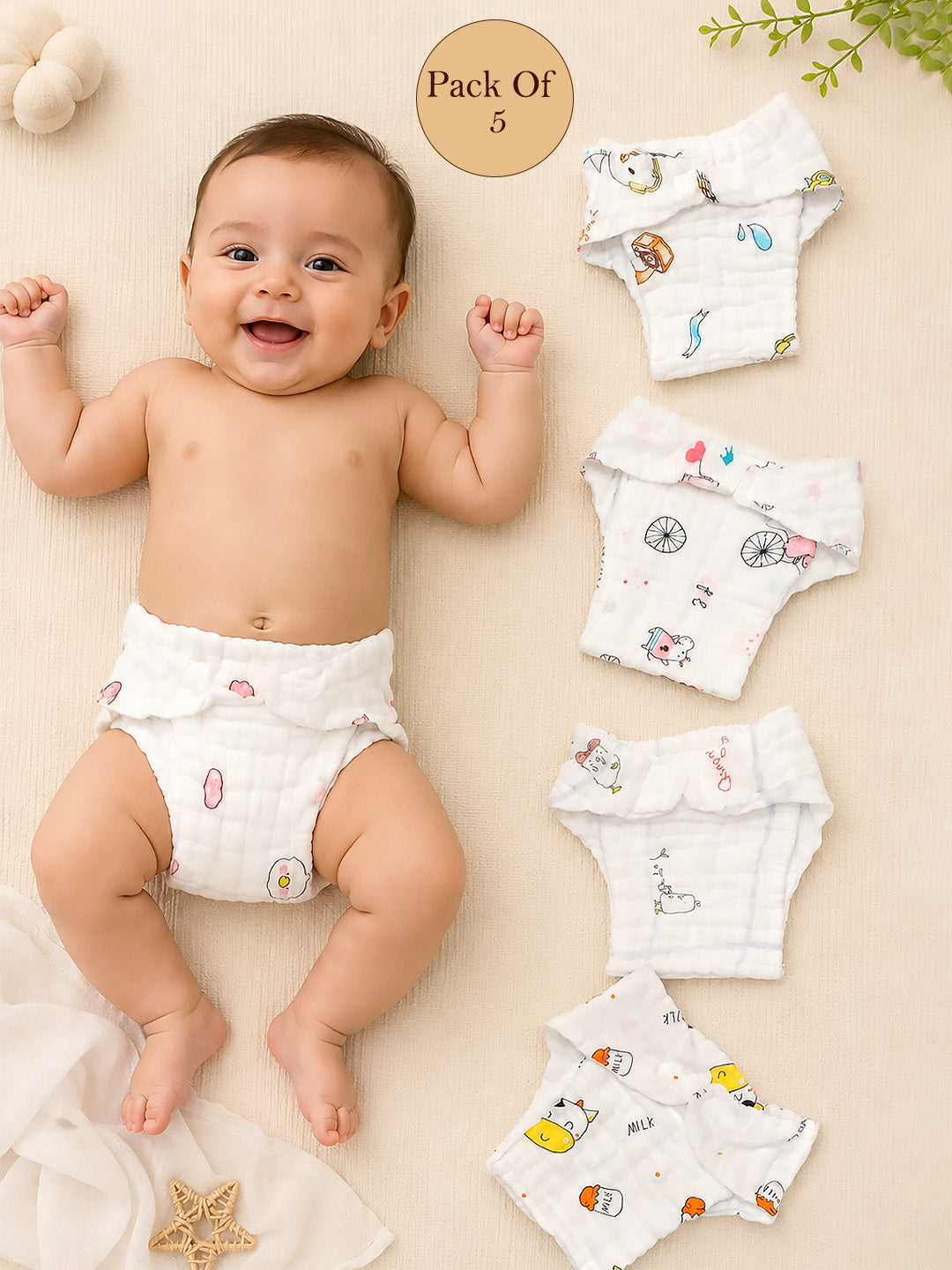 4-Layer Muslin Cloth Nappy | Pack of 5 | 100% Pure Cotton | Reusable | Cute Prints