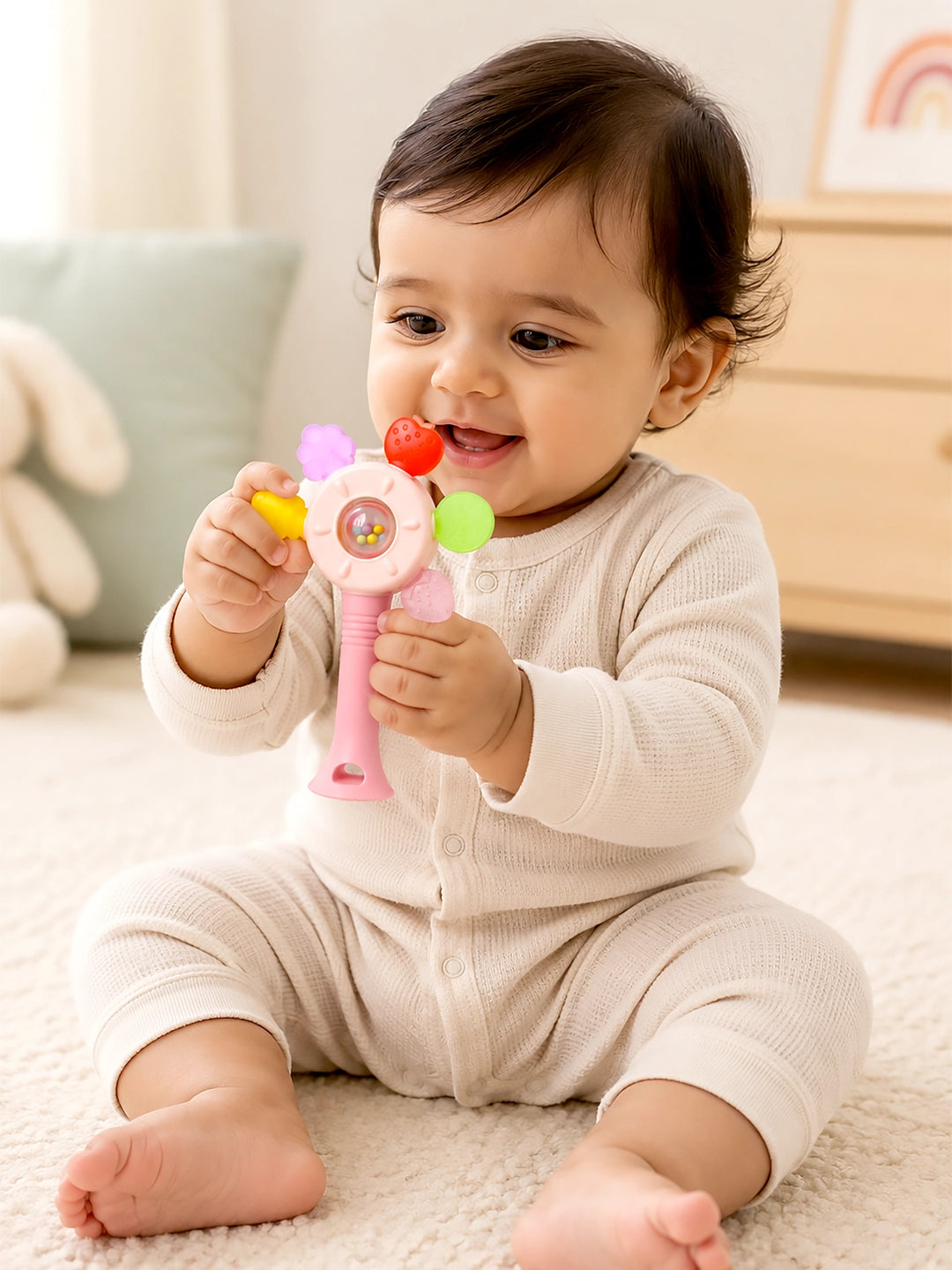 Pink Fruit Multi-Texture Baby Teether Rattle | 5 Teething Surfaces | 0+ Months