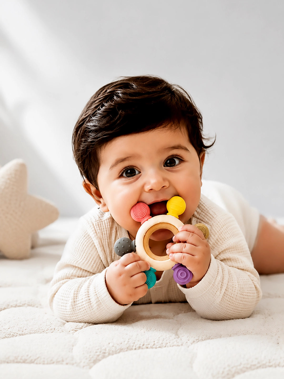 Multi-Texture Silicone & Wood Baby Teether Ring | BPA Free | 5 Sensory Beads