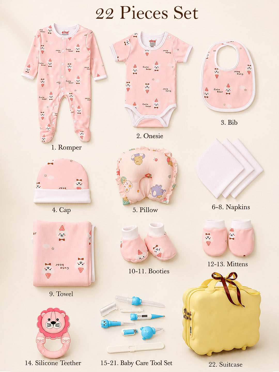22-Piece Newborn Baby Gift Hamper | Pure Cotton | Yellow Suitcase | 0–3 Months