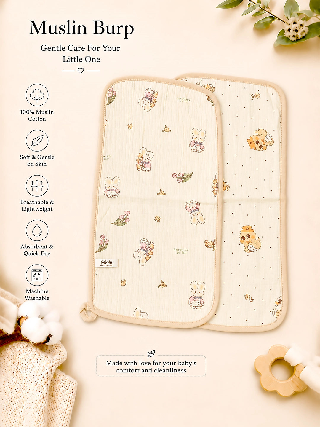 Bunny & Ducky Print Muslin Burp Cloth | Set of 2 | 100% Pure Muslin Cotton