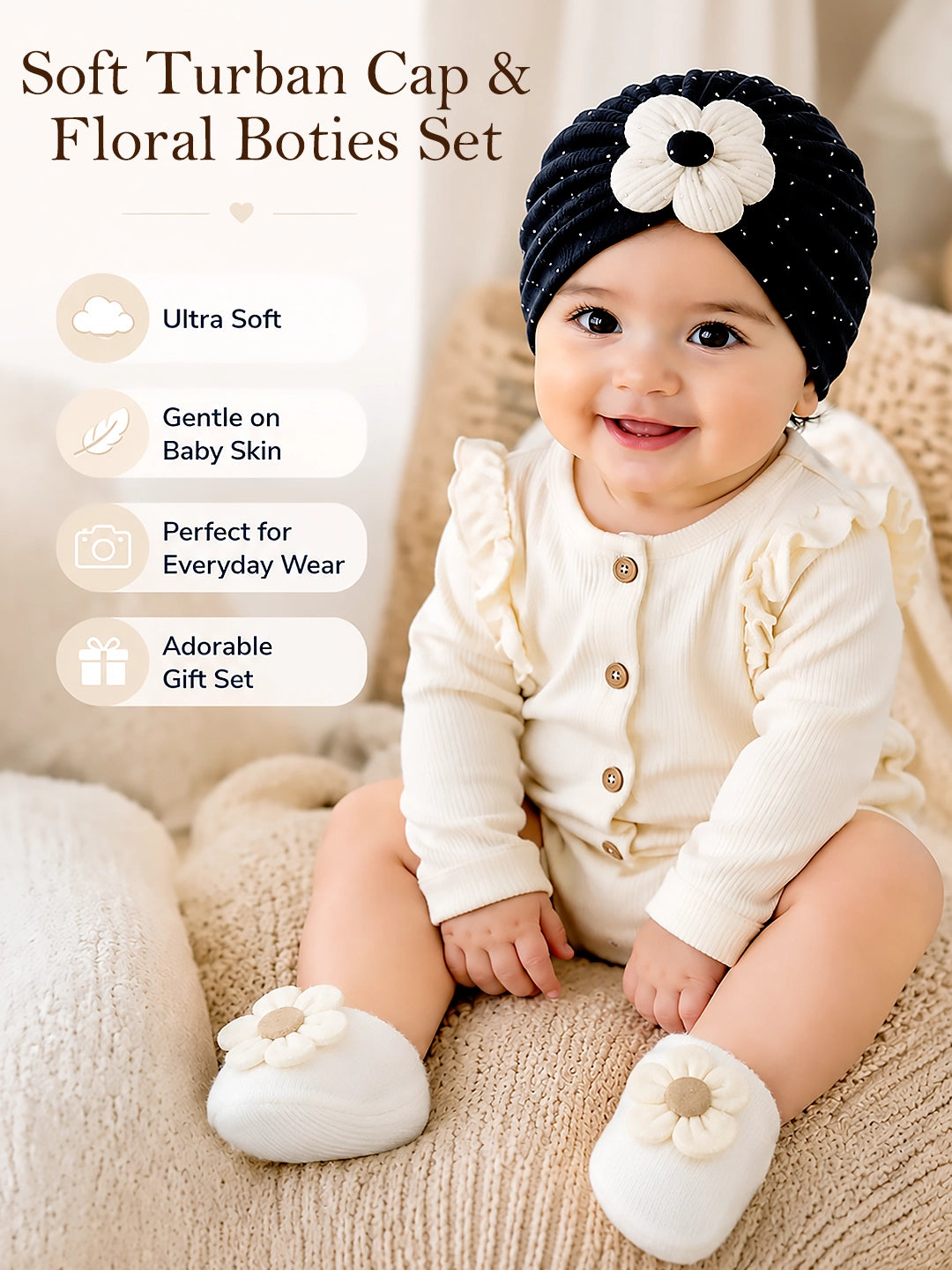 Black Floral Turban Cap & Booties Set | Soft Baby Girl Gift Set