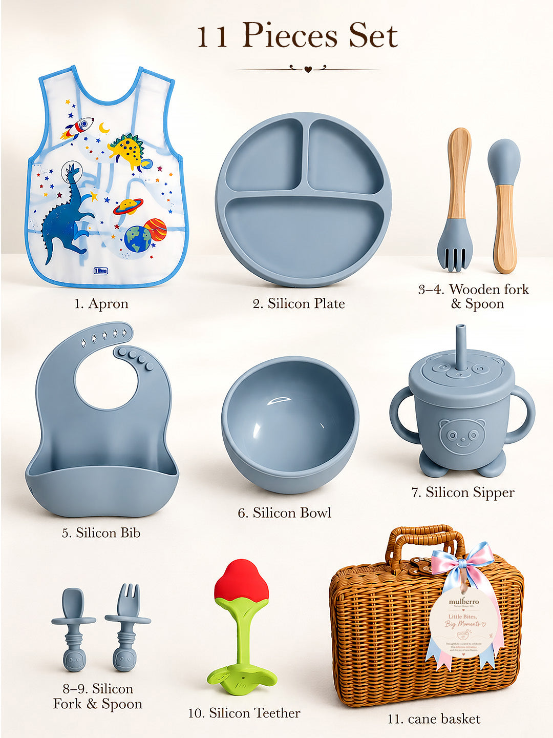 11-Piece Little Foodie Baby Weaning Gift Hamper | Silicone Feeding Set | Dino Space Theme | Cane Basket | 0-24 Months