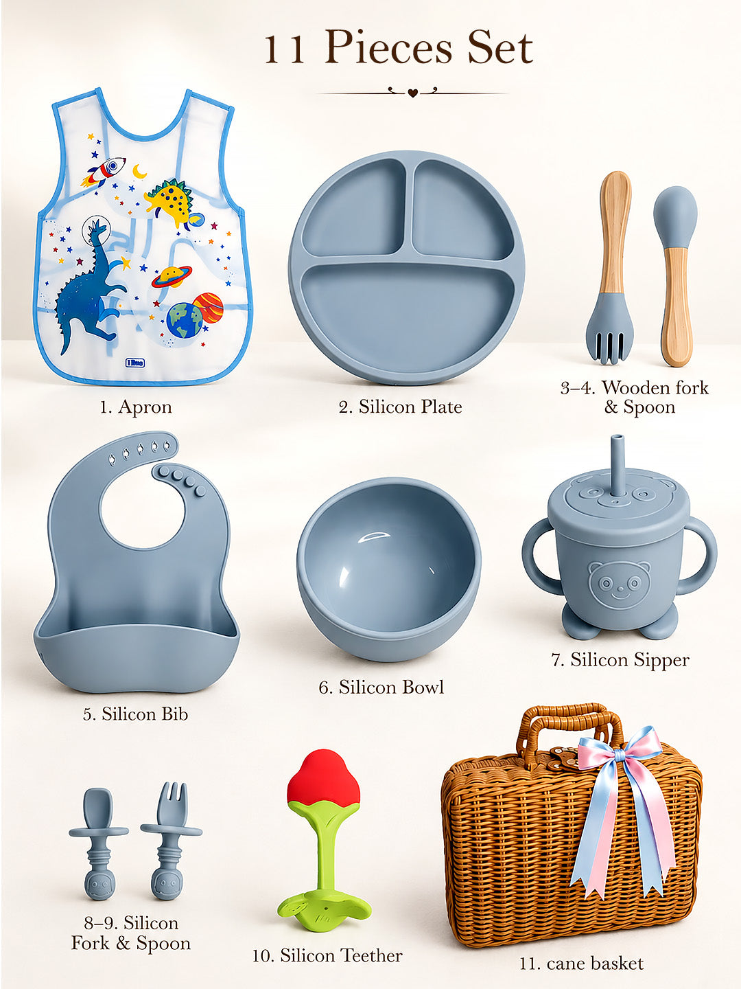 11-Piece Little Foodie Baby Weaning Gift Hamper | Silicone Feeding Set | Dino Space Theme | Cane Basket | 0-24 Months