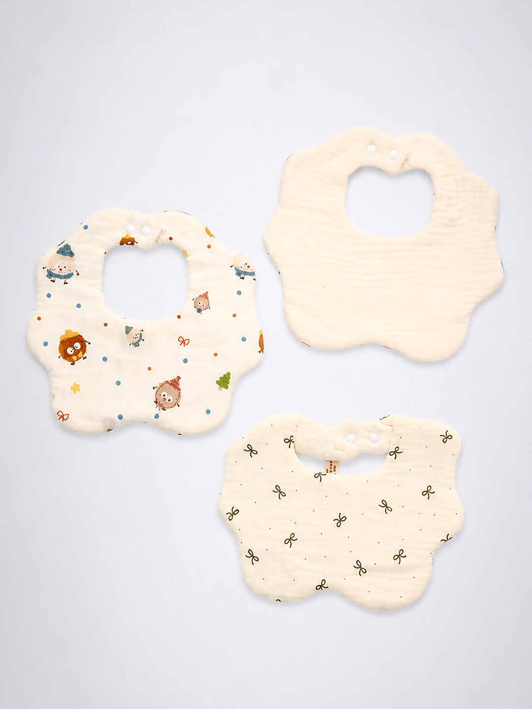 Floral, Bow & Character Print 3-Piece Muslin Baby Bibs | Snap Closure | Drool & Burp Bib