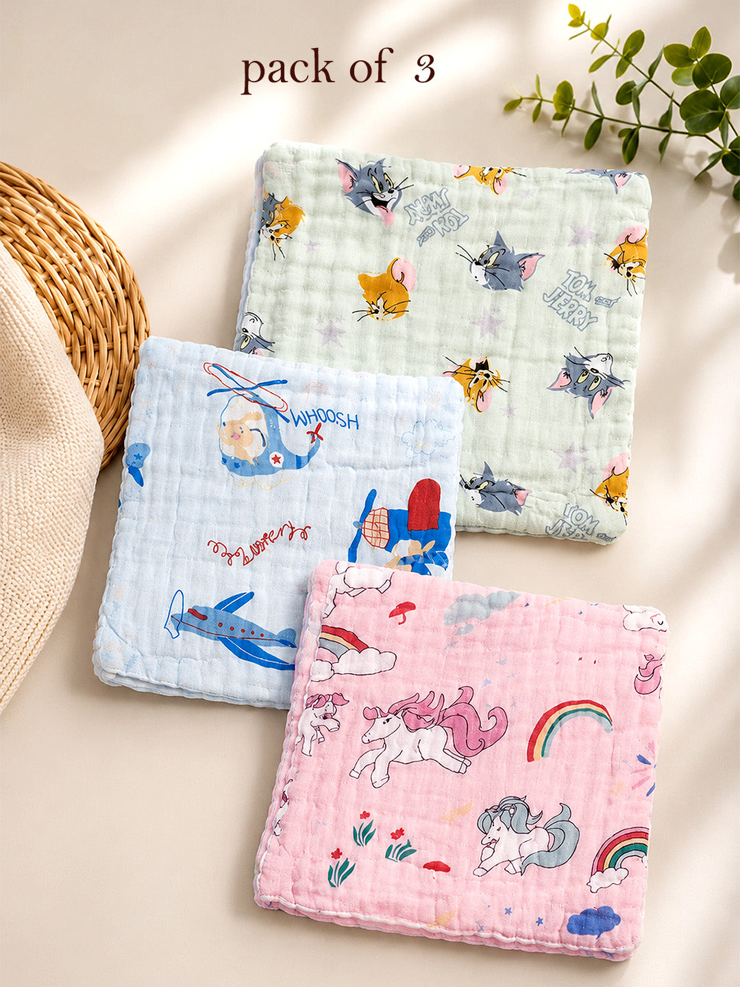 Tom & Jerry, Unicorn & Aeroplane 6-Layer Muslin Face Towel | Pack of 3 | Pure Cotton | 0–3 Yrs