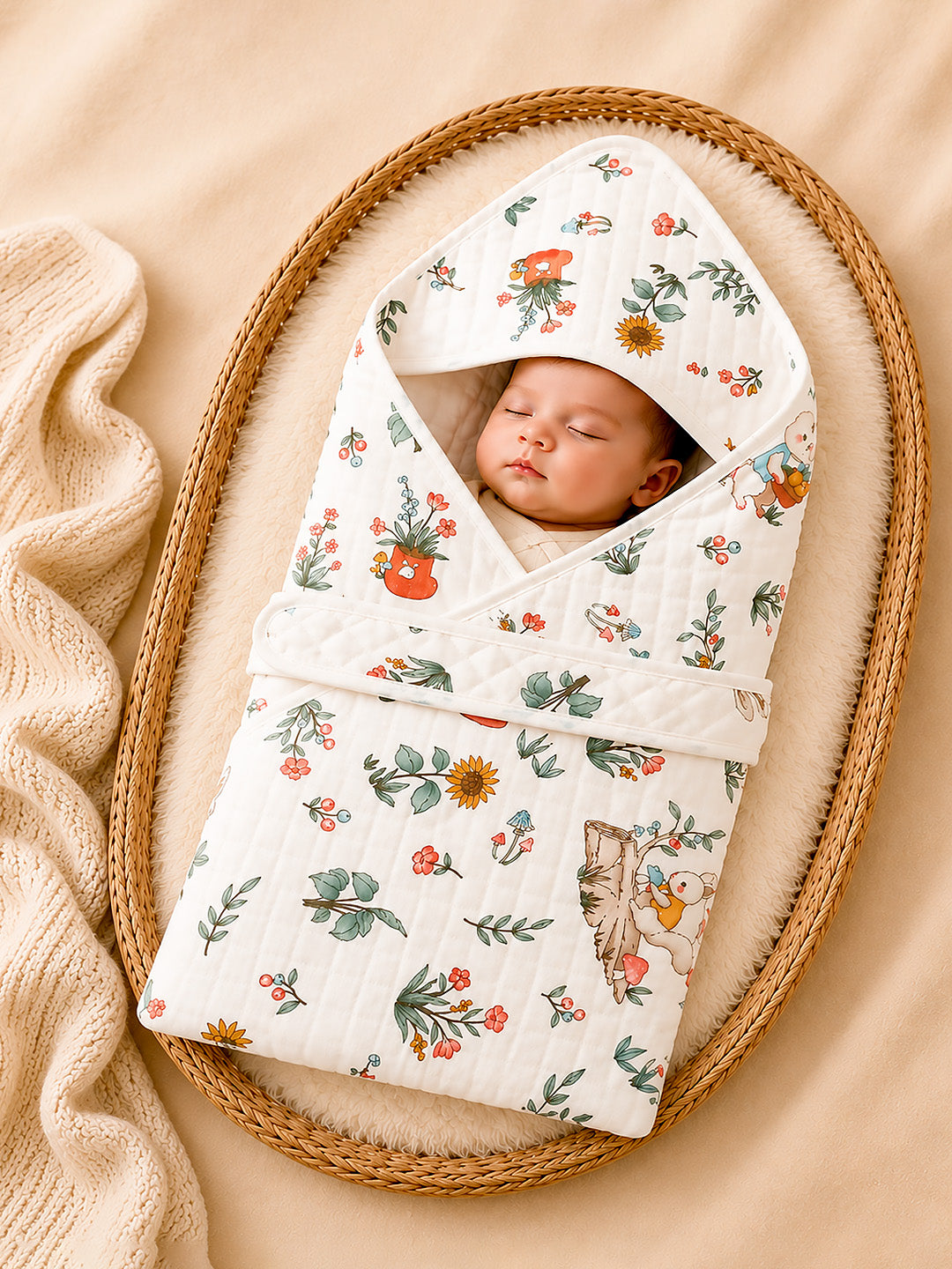 Garden Bunny 6-Layer Muslin Cotton Hooded Baby Swaddle Blanket | All-Season