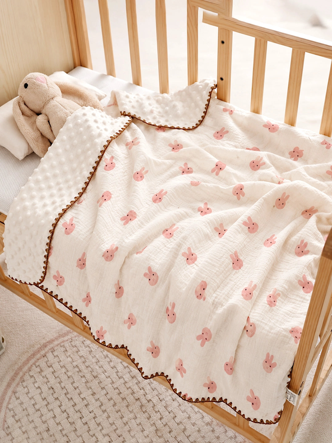 Pink Bunny Hop Super Soft Muslin Cotton Baby Blanket | All-Season | 102×102 cm