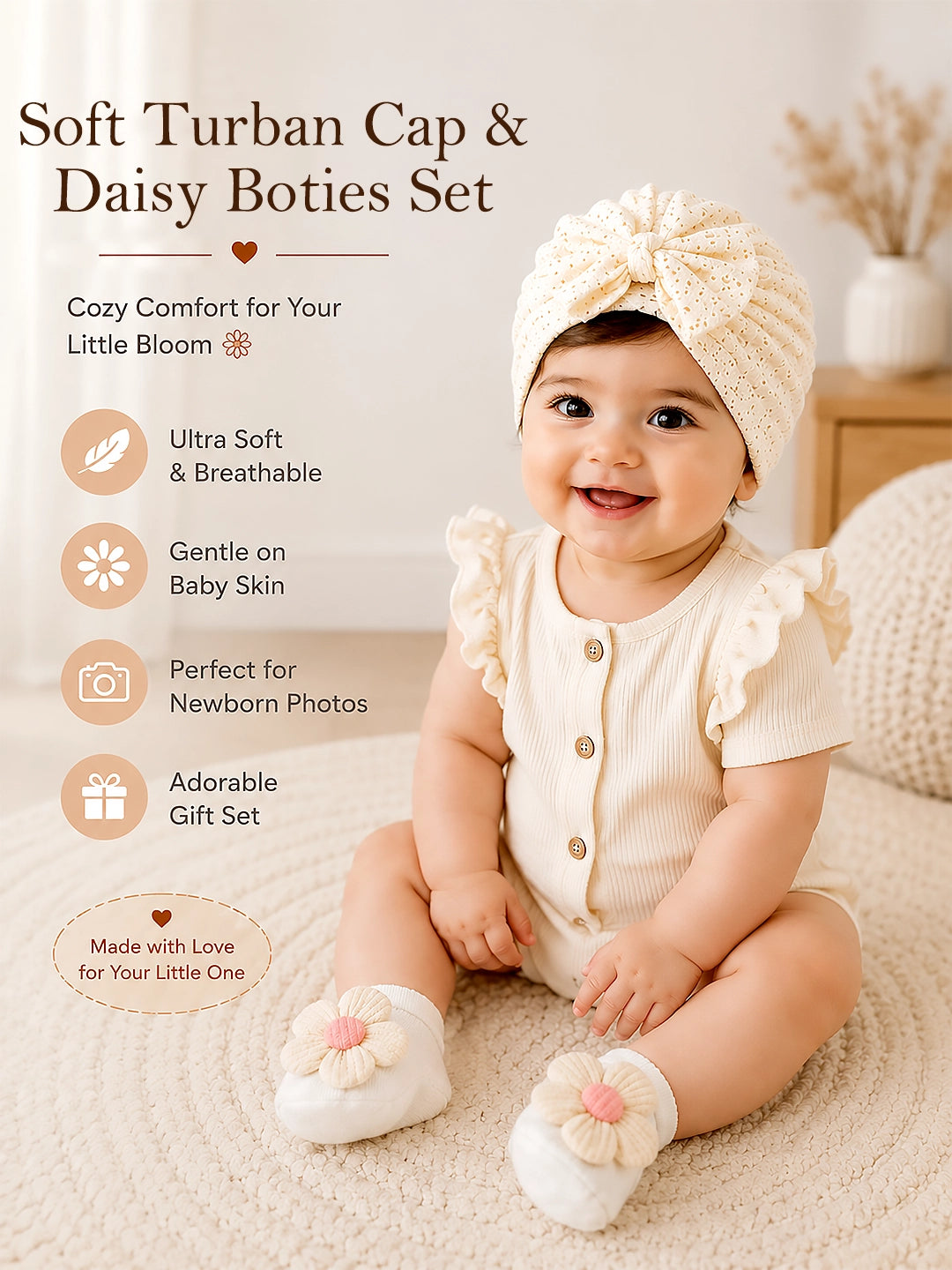 Cream Daisy Turban Cap & Booties Gift Set | Soft & Breathable | Baby Girls