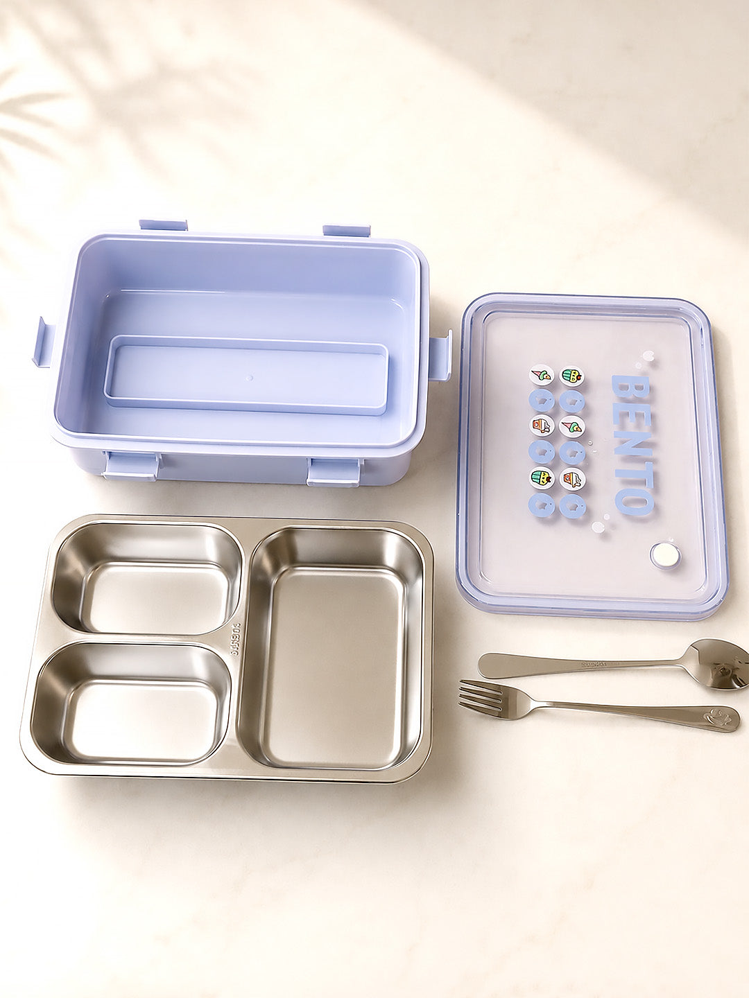 3-Compartment Kids Stainless Steel Lunch Box | Leak-Proof | Fork & Spoon Included