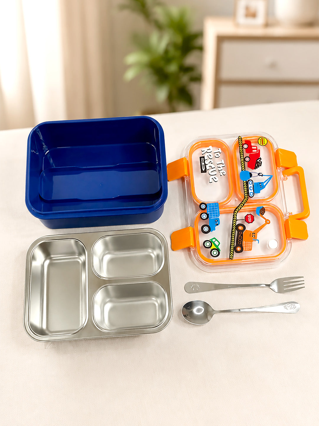 3-Compartment Kids Lunch Box | Stainless Steel Tray | Leak-Proof | Fork & Spoon Included