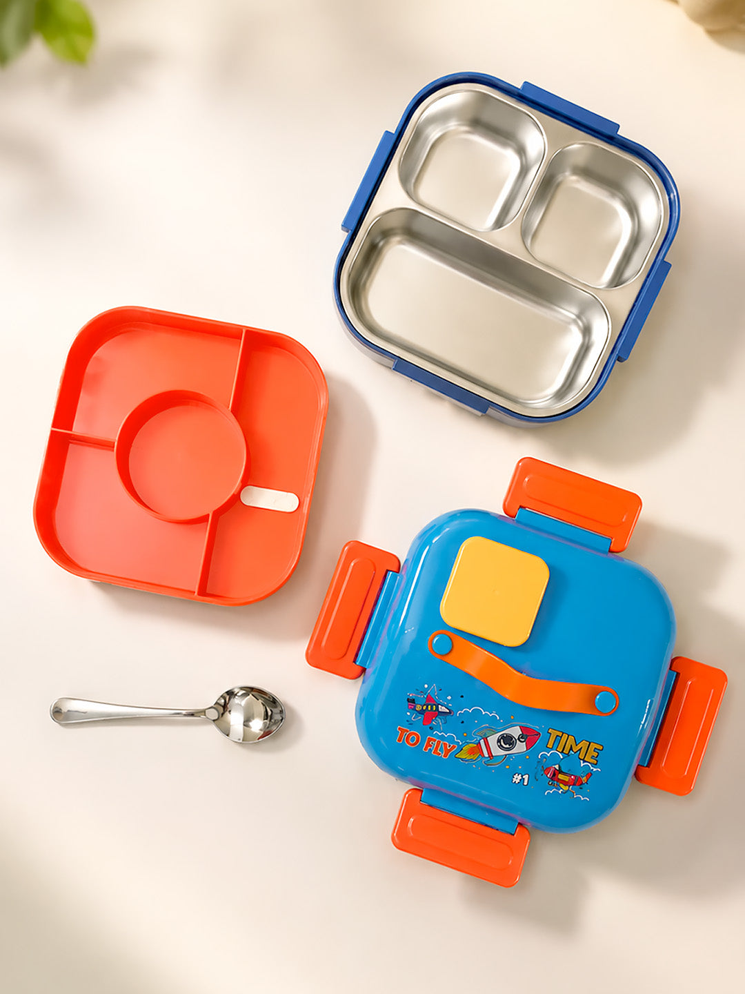 Rocket "To Fly Time" 2-Tier Kids Lunch Box | Stainless Steel | Leak-Proof | Spoon & Sauce Box Included