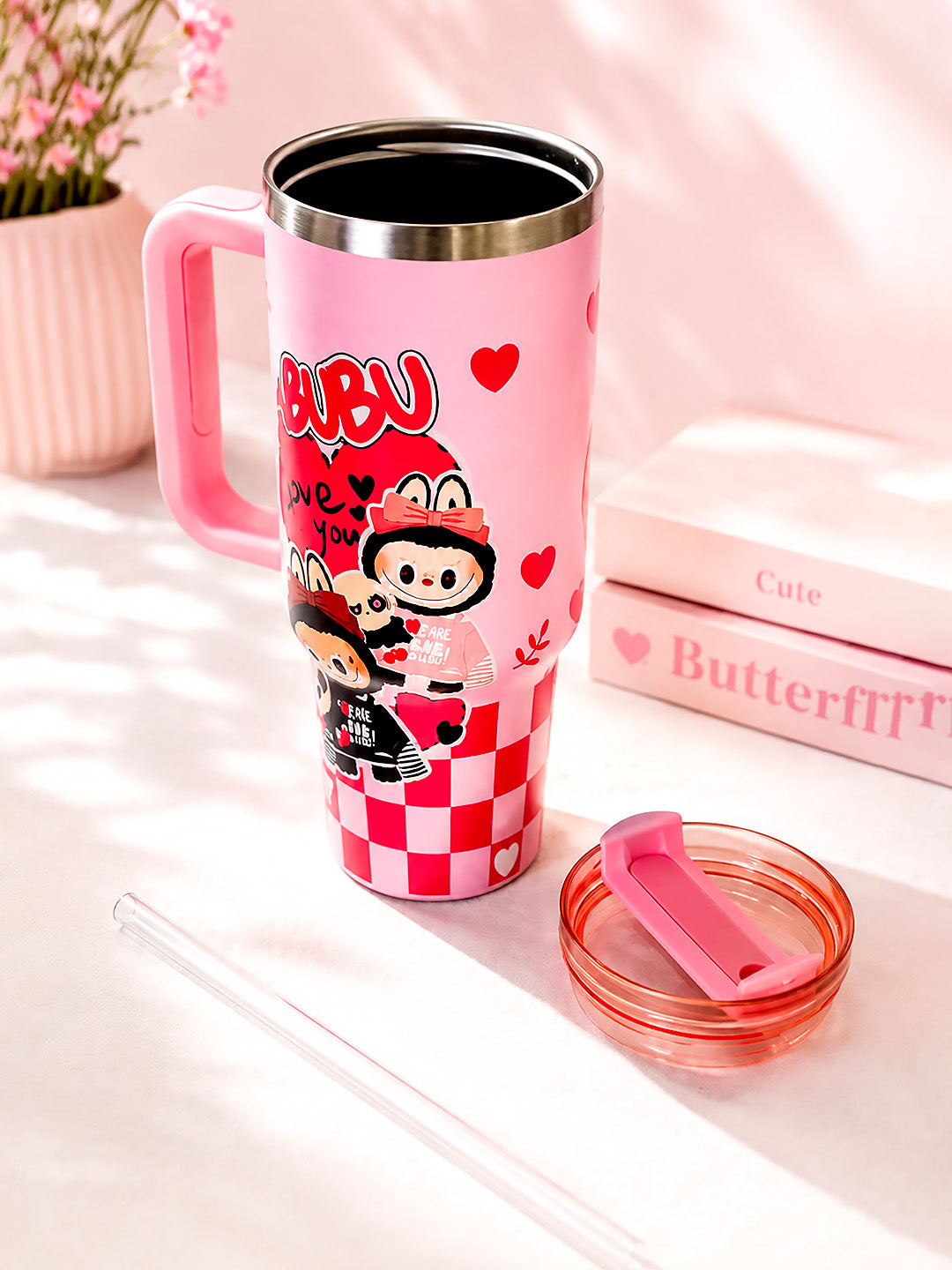 Pink Labubu Love Heart Stainless Steel Tumbler | Slide Lid & Reusable Straw