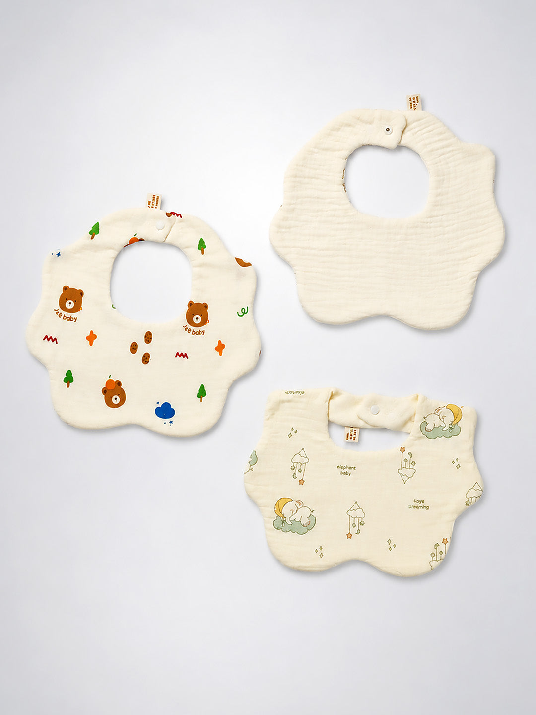 Bear, Elephant & Forest 3-Piece Muslin Baby Bibs | Snap Closure | Drool & Feeding Bib