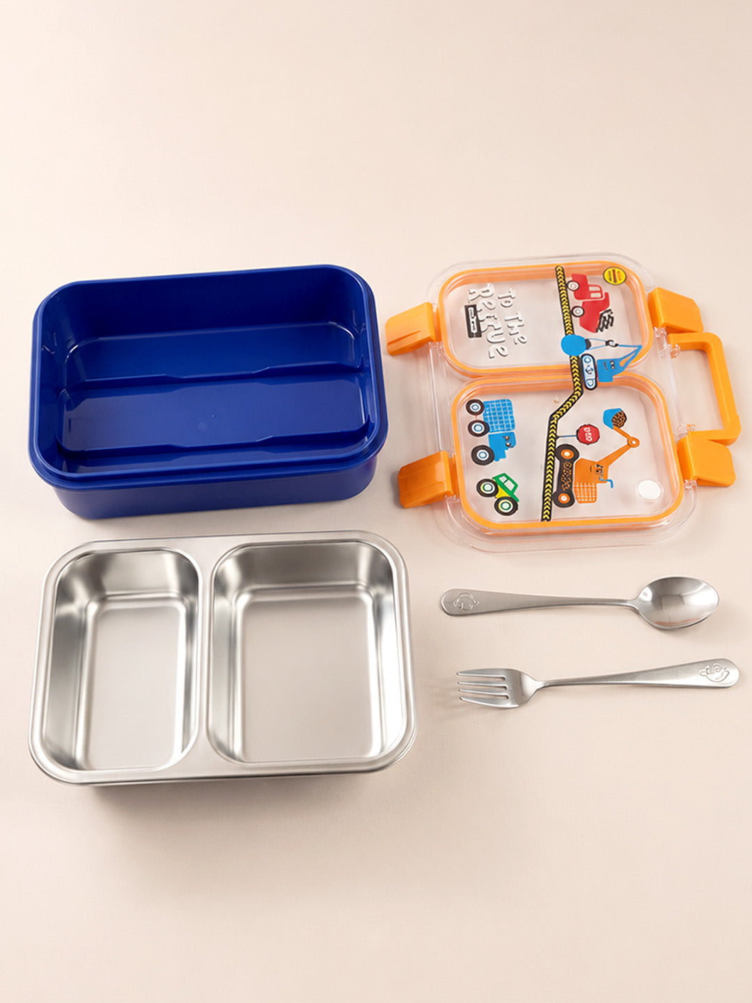 Kids Stainless Steel Lunch Box – Construction Trucks "To The Rescue" | Leakproof Bento Box with Cutlery