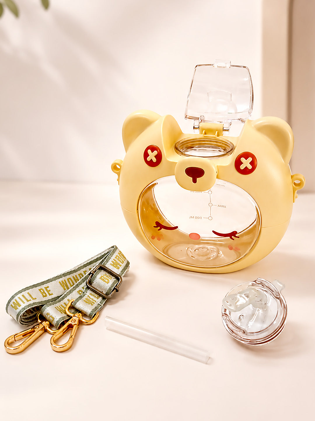 Cute Bear Kids Water Bottle — 630ml | Flip Lid, Straw & Crossbody Strap
