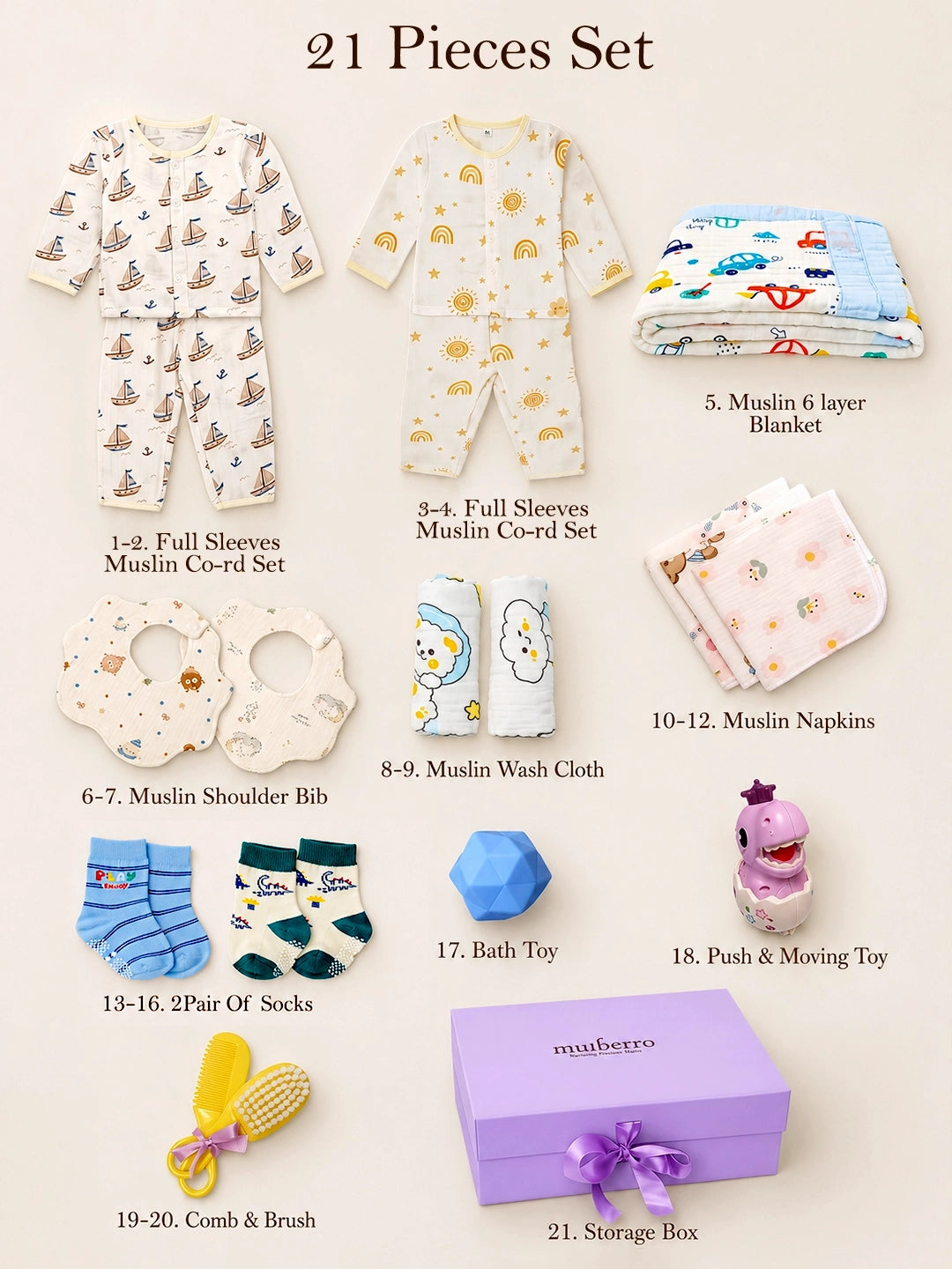 Exclusive Muslin Cotton | First Birthday |21-Piece Gift set  | Gift Box | Unisex | 12–18 Months
