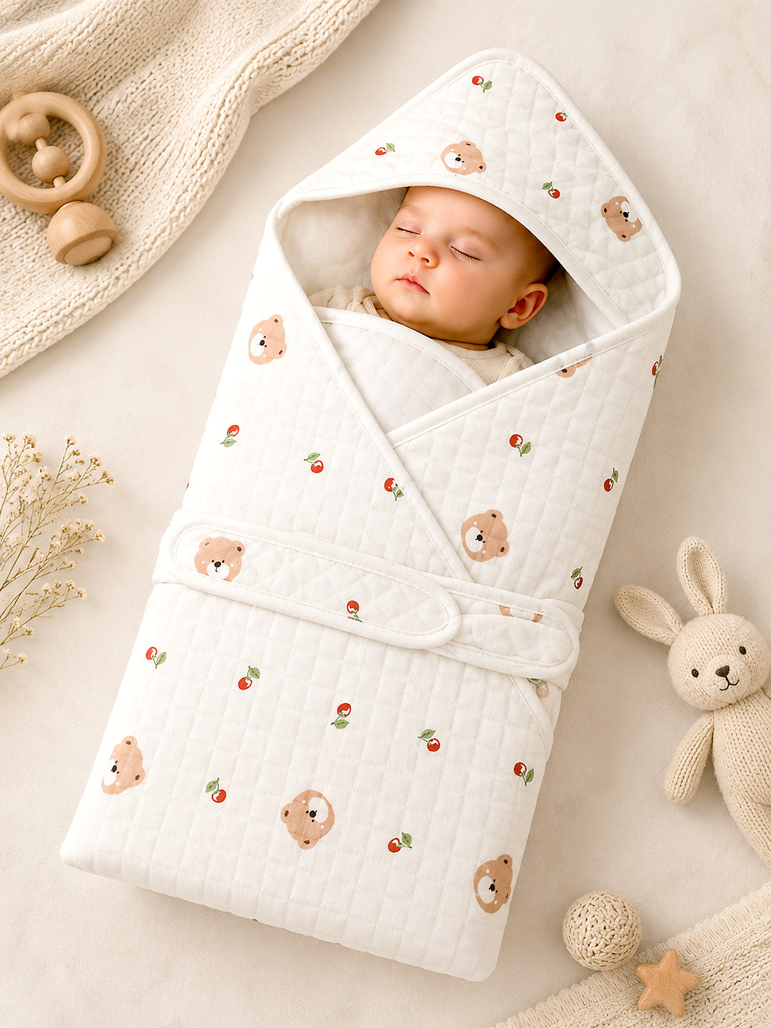 Cherry Bear 6-Layer Muslin Cotton Baby Swaddle Blanket | All-Season | 85×85 cm