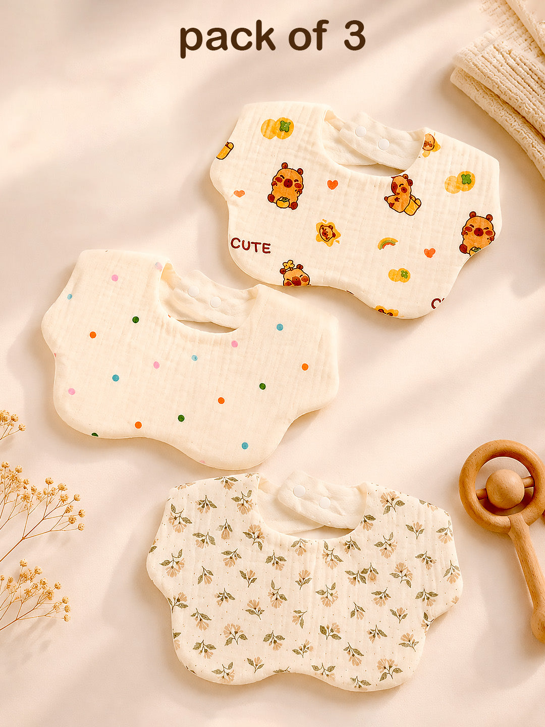 Bear, Floral & Polka Dot 3-Piece Muslin Cotton Shoulder Bibs | Snap Closure | Drool & Burp Bib