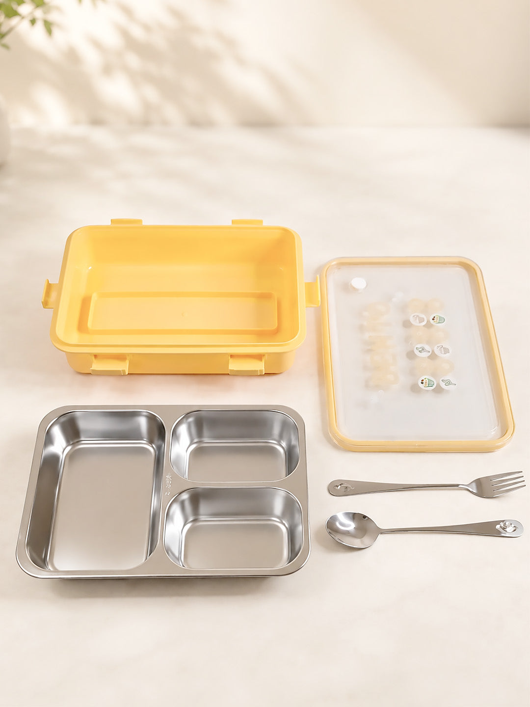 3-Compartment Kids Stainless Steel Lunch Box | Leak-Proof | Fork & Spoon Included