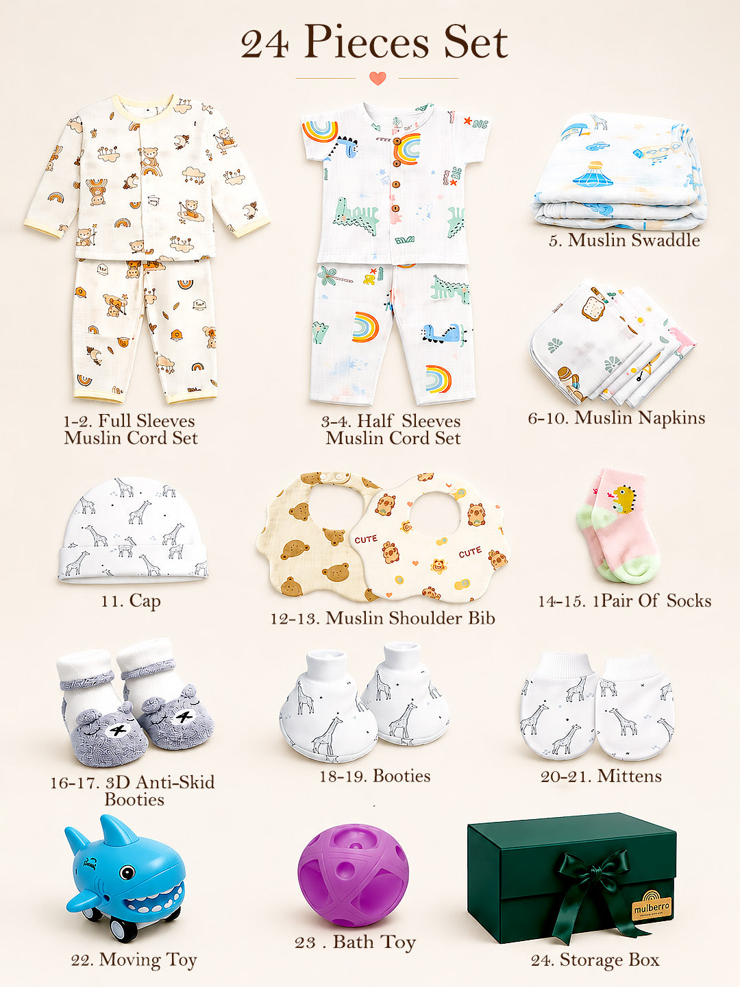 24-Piece Muslin Essentials Newborn Baby Gift Hamper | 100% Cotton Muslin | Unisex | 0–12 Months