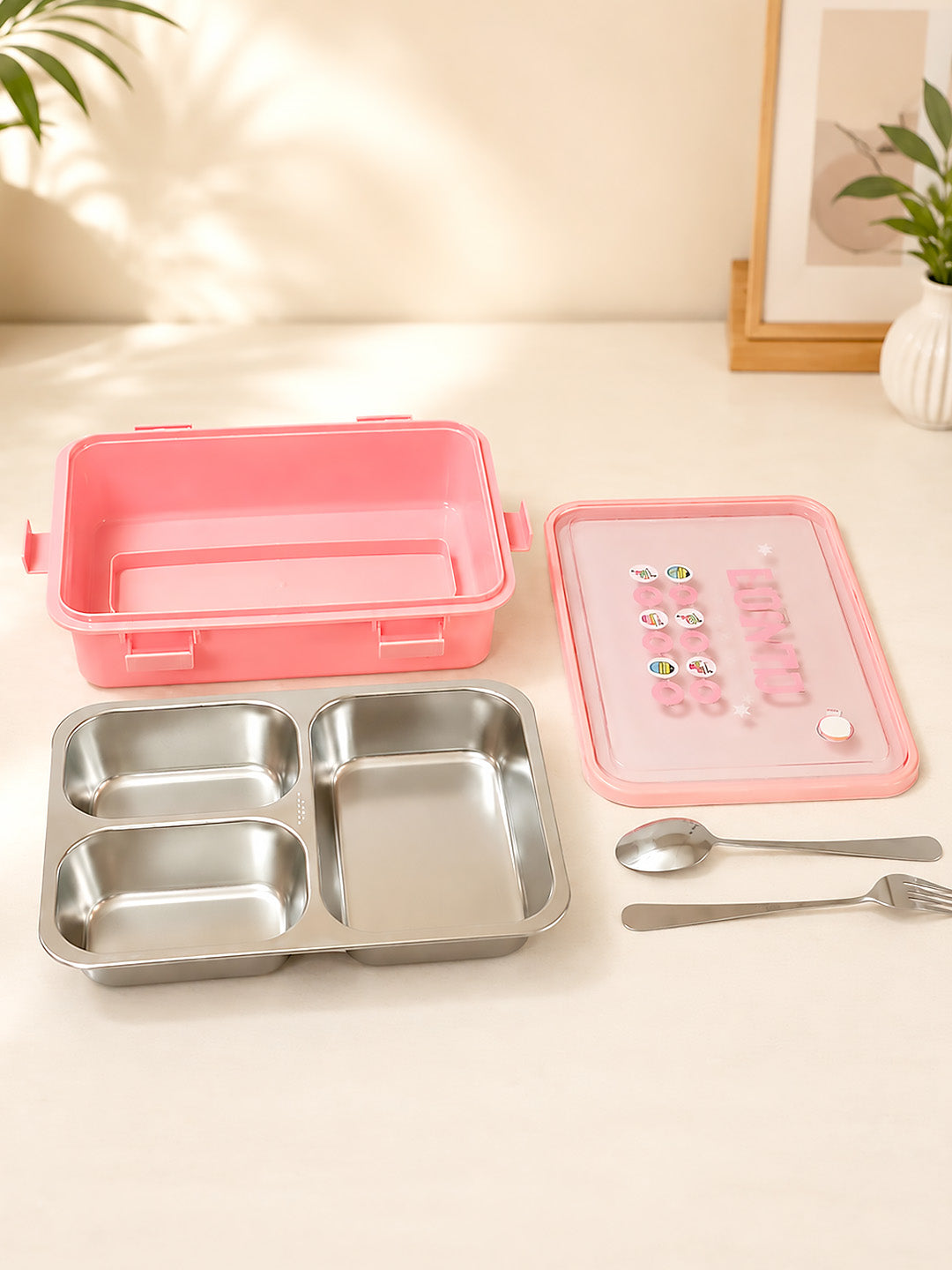 3-Compartment Kids Stainless Steel Lunch Box | Leak-Proof | Fork & Spoon Included