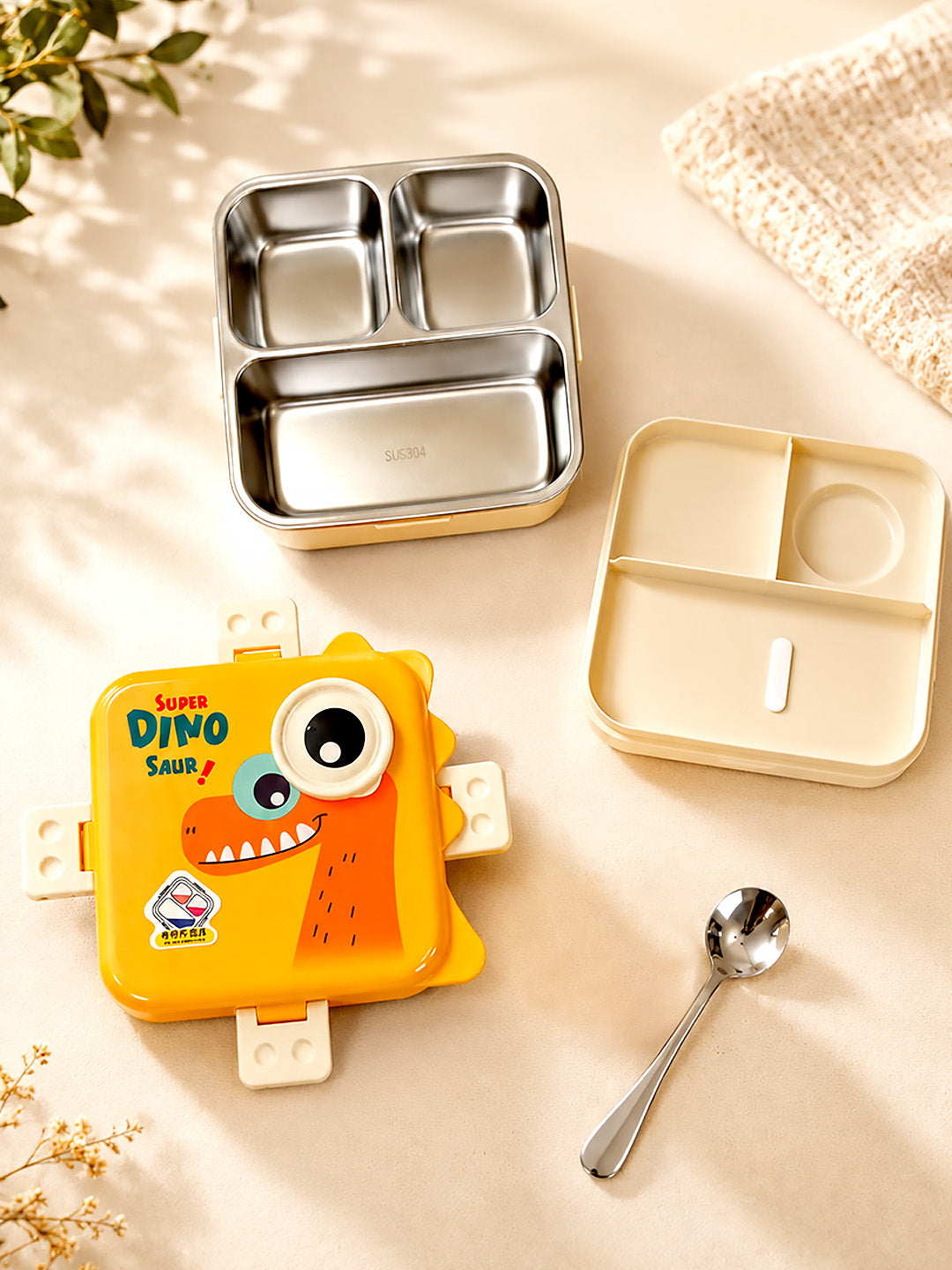 Super Dinosaur Kids Stainless Steel Lunch Box with Compartments & Spoon