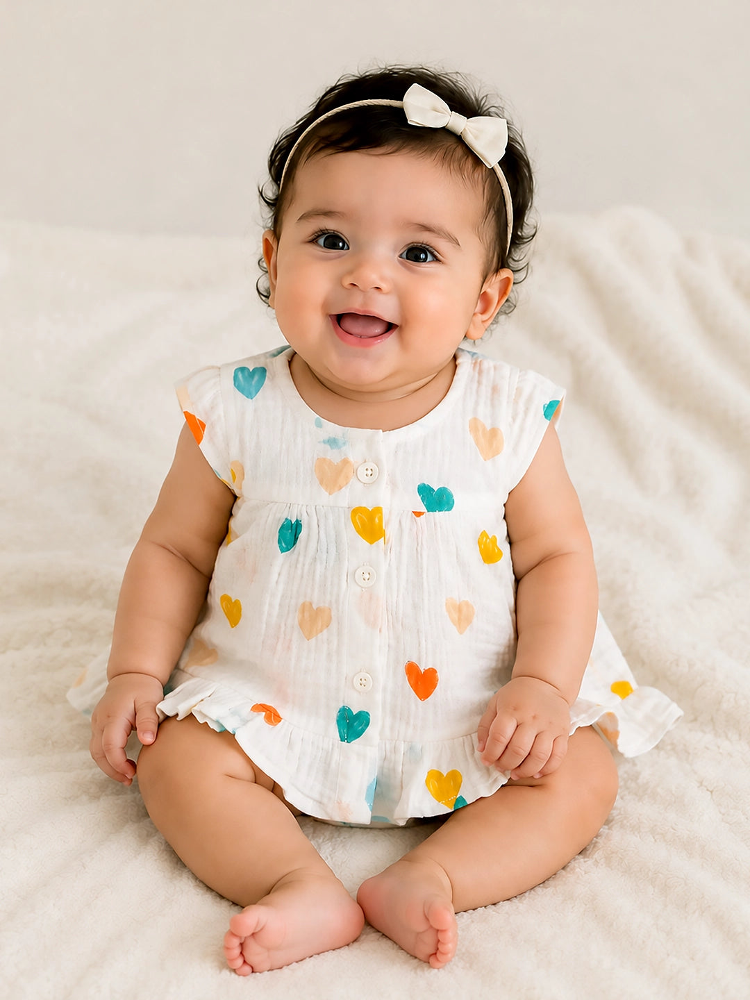 Colourful Hearts Baby Girl Frock | Muslin Cotton | Cap Sleeve & Ruffle Hem | 0–6 Months