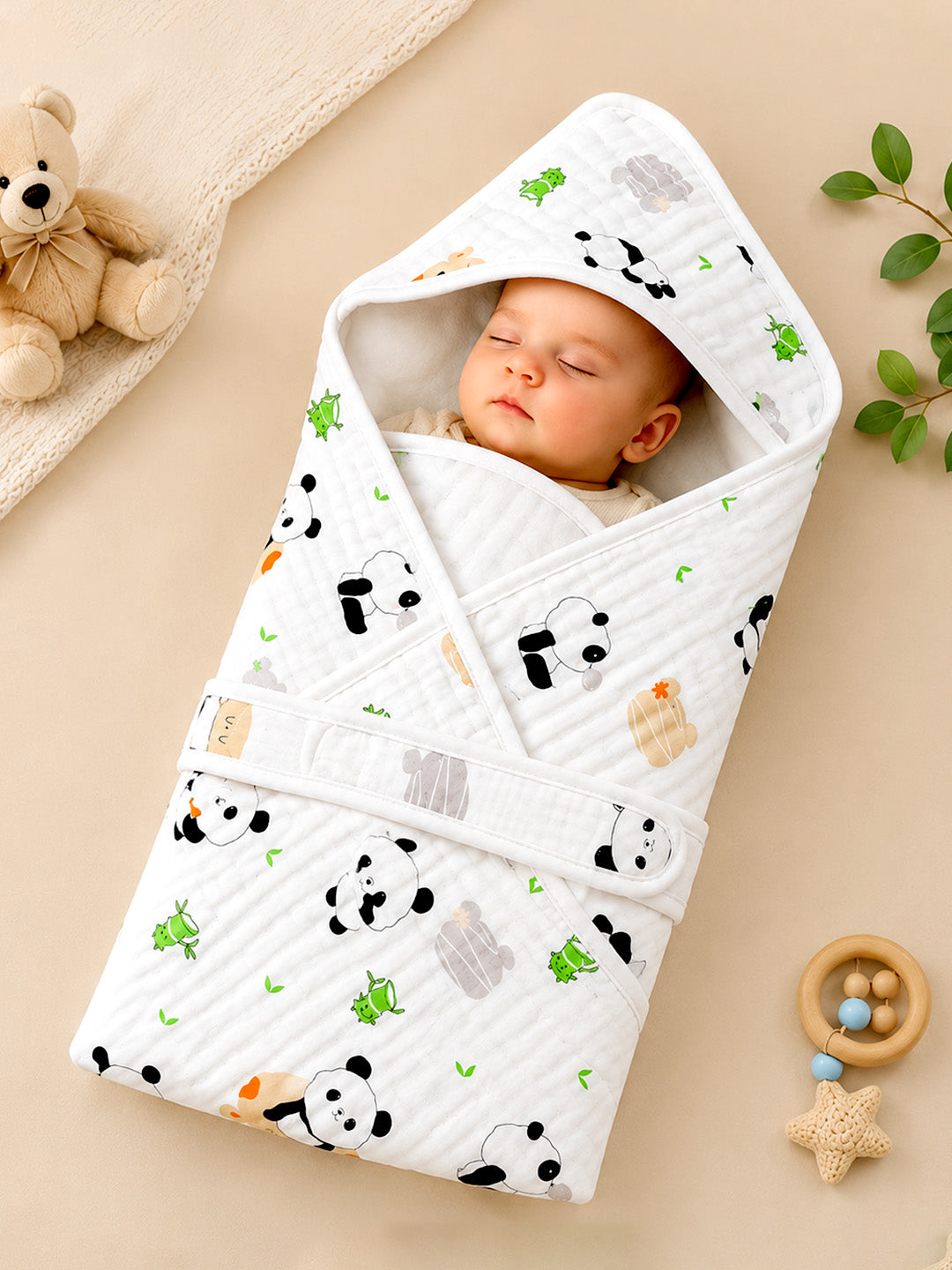 Playful Panda 6-Layer Muslin Cotton Hooded Baby Swaddle Blanket | All-Season