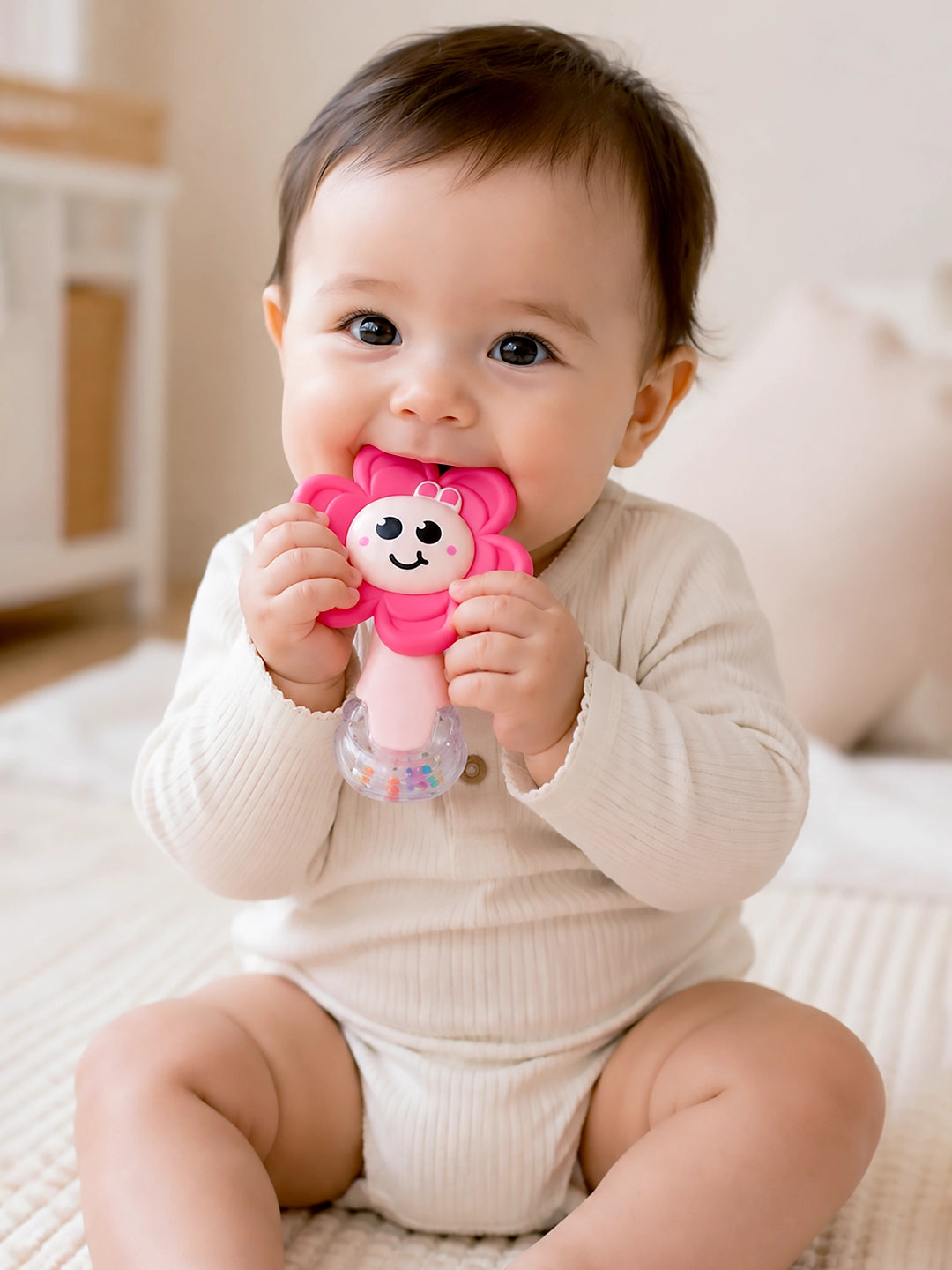 Pink Flower Silicone Baby Teether with Rattle | 2-in-1 Sensory Rattle Teether | 0M+