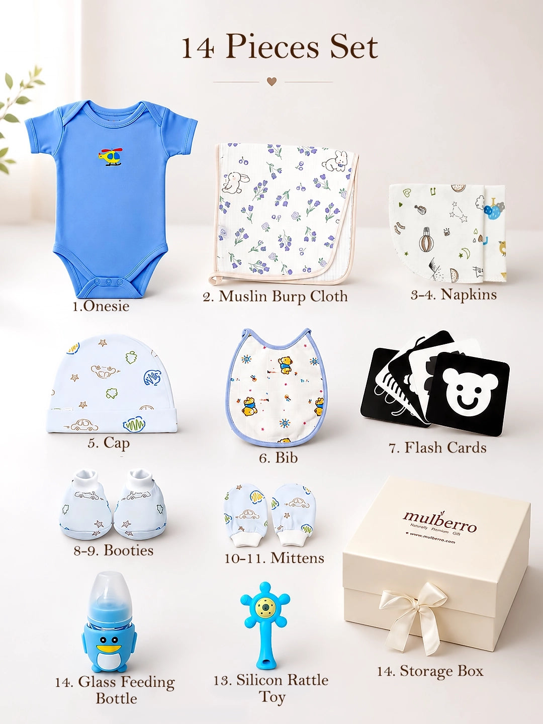 Newborn |  Growing Baby | Naming Ceremony | 14-Piece  Baby Boy Gift Set | White Box | 0–6 Months