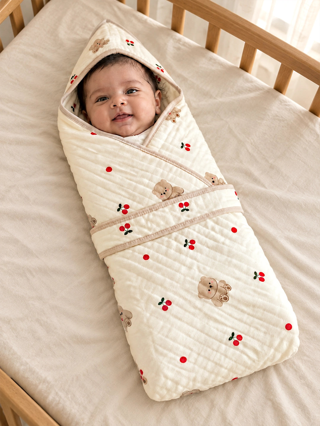 Cherry Bear Ivory 6-Layer Muslin Cotton Baby Swaddle Blanket | 4-in-1 | 85×85 cm