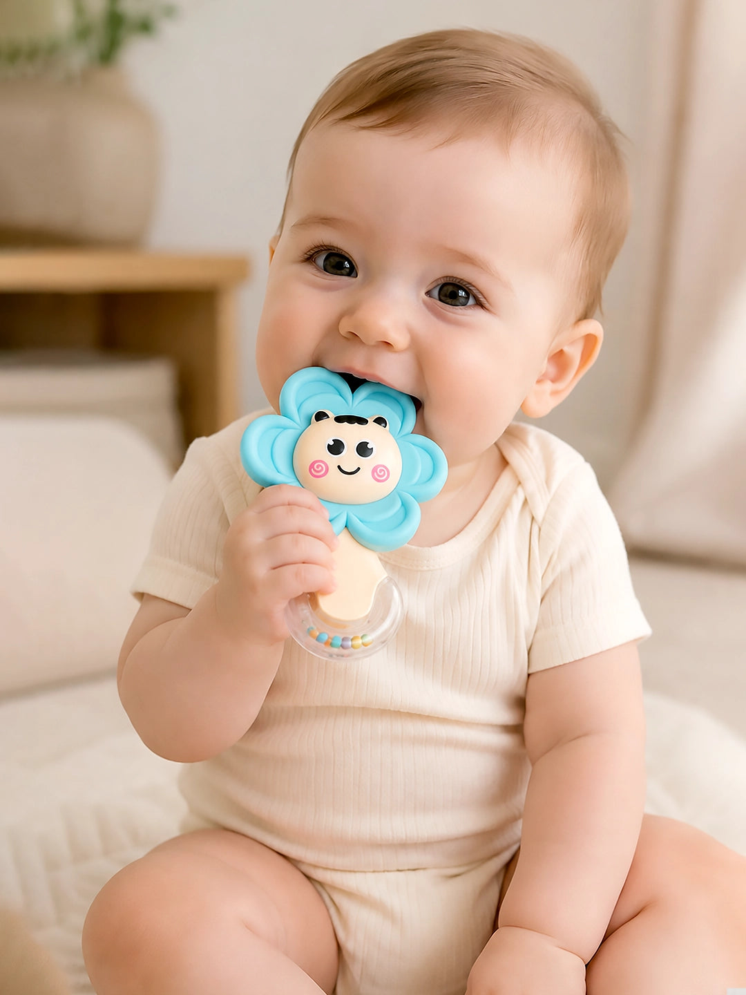 Blue Flower 2-in-1 Baby Silicone Teether & Rattle | Soothes Gums | 0M+