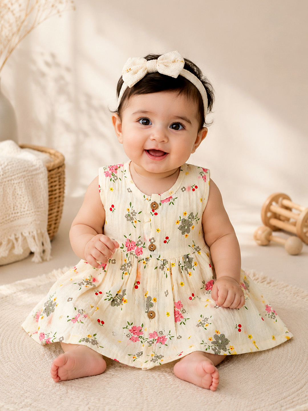 Floral Ditsy Baby Girls Muslin Frock | Sleeveless A-Line Dress | Wooden Buttons | 0–12 Months