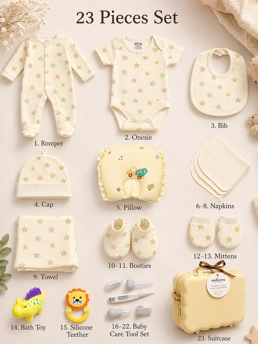 Happy Stars 23-Piece Newborn Baby Gift Hamper | Pure Cotton | Unisex | 0–3 Months