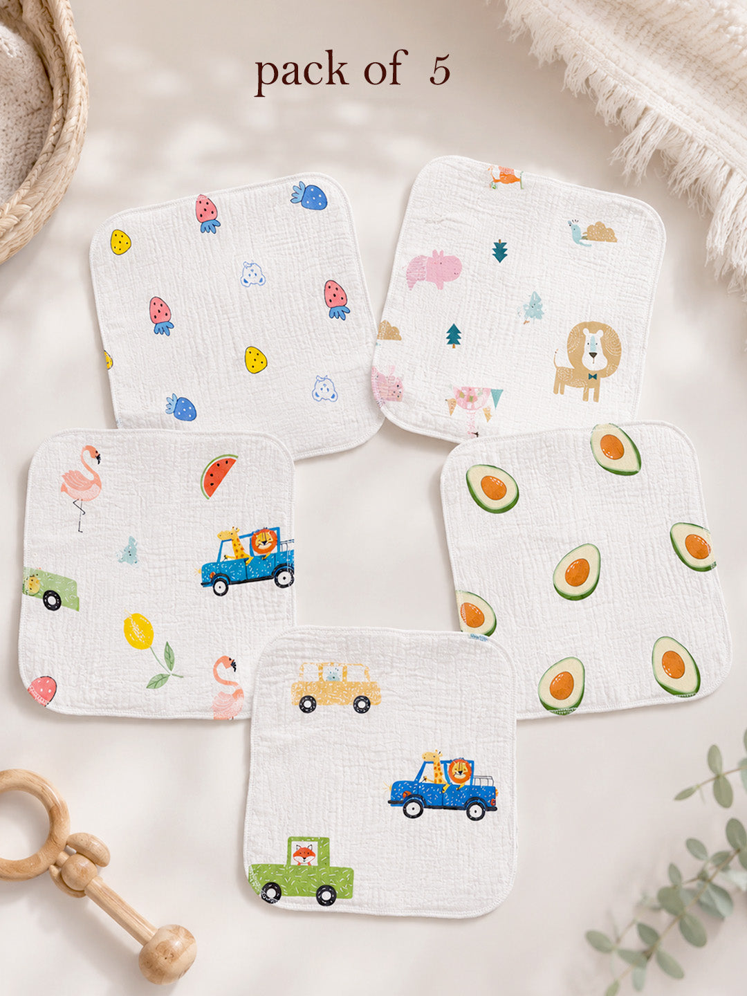 Jungle & Friends Muslin Face Towel | Set of 5 | Pure Cotton | 0–3 Yrs