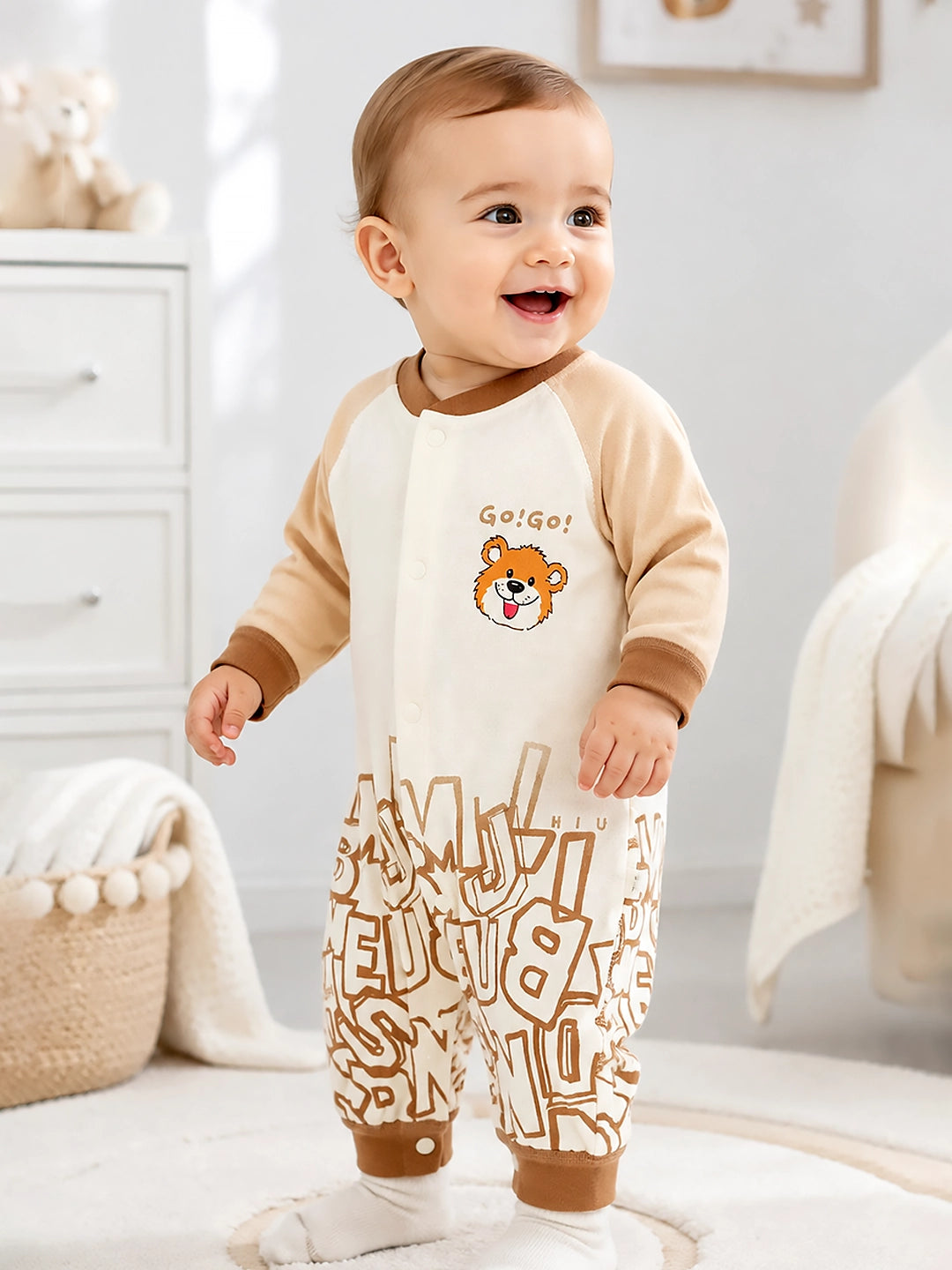 Beige Bear Baby Romper | Full Sleeve | Snap Button | Footless | Premium Cotton | 0–12 Months