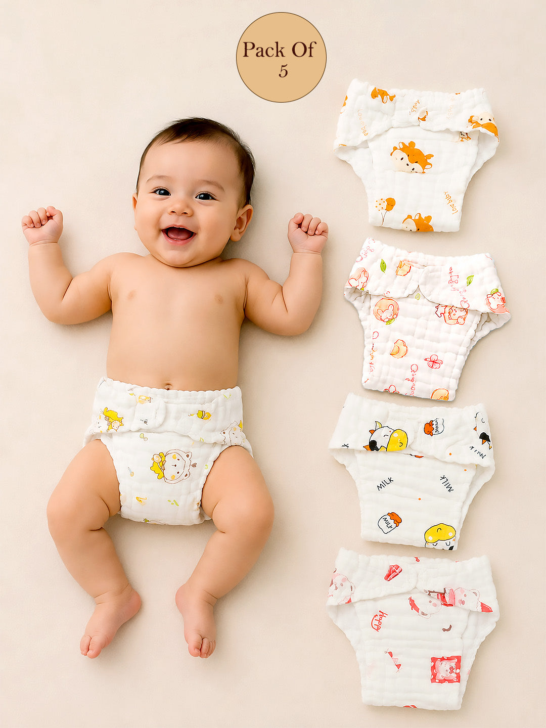 4-Layer Muslin Cloth Nappy | Cute Animal Prints | Pack of 5 | 100% Pure Cotton | Reusable