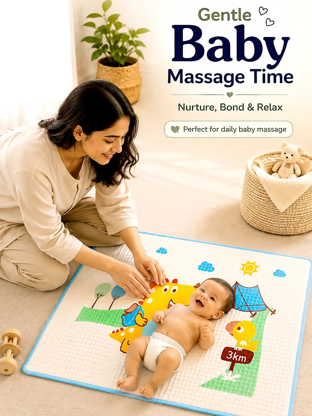 Baby Massage & Play Mat | Dino Camping  Print | Waterproof Natural Latex