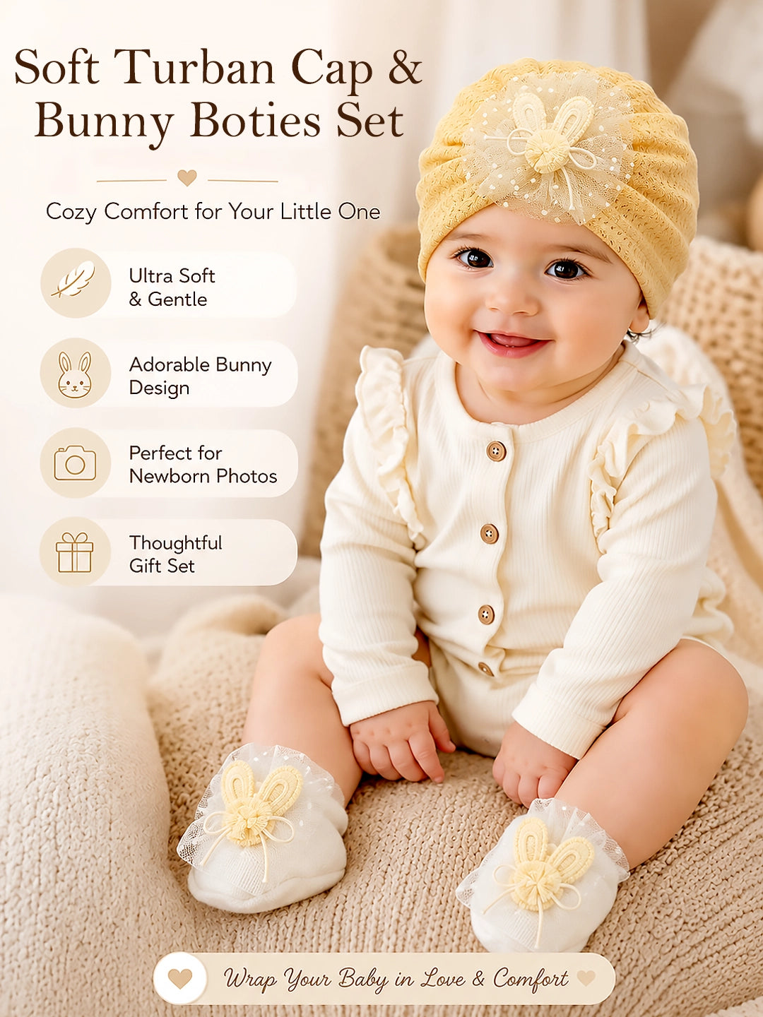 Yellow Bunny Turban Cap & Booties Set | Soft Baby Girl Gift Set | 0–12 Months
