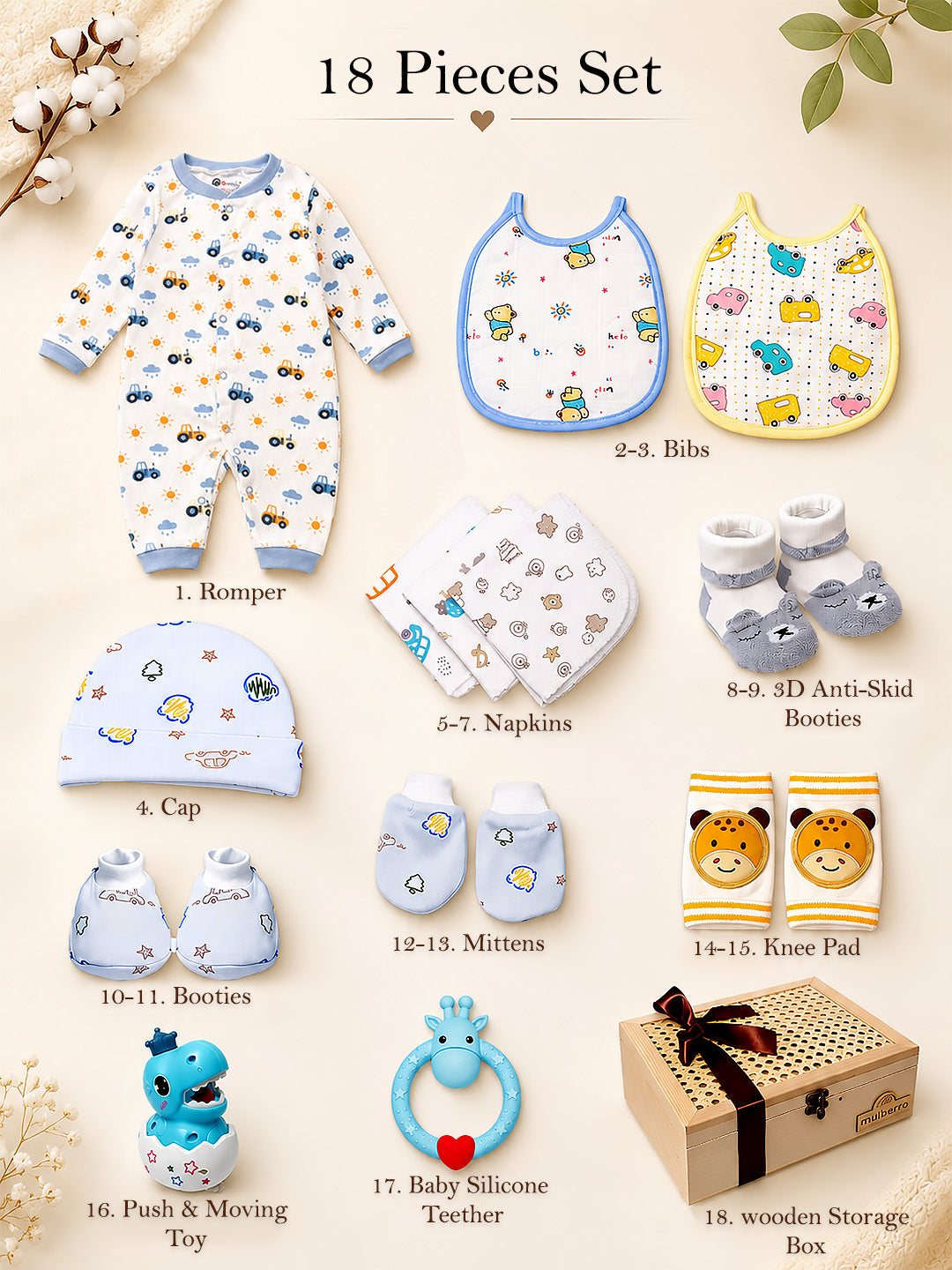 Crawling Baby | Annaprashana Ceremony | 18-Piece Gift set | Pure Cotton | Wooden Box | 6–12 Months