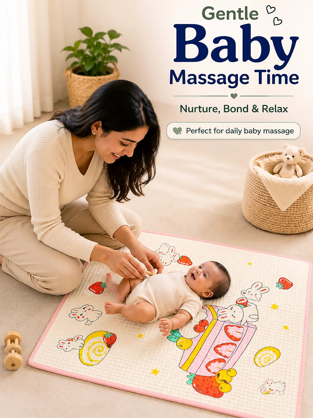 Baby Massage & Play Mat | Strawberry Bunny Print | Waterproof Natural Latex