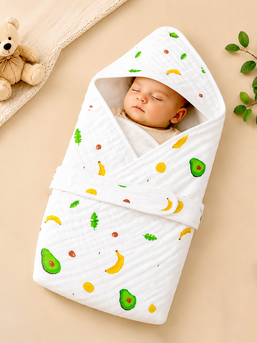 Avocado & Banana Hooded Swaddle Blanket | 6-Layer Muslin Cotton | Newborn Wrap