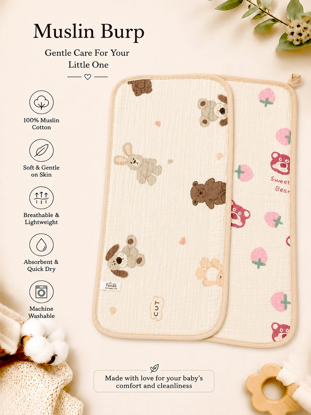 Sweet Bear & Friends Muslin Burp Cloth | Set of 2 | 100% Muslin Cotton |