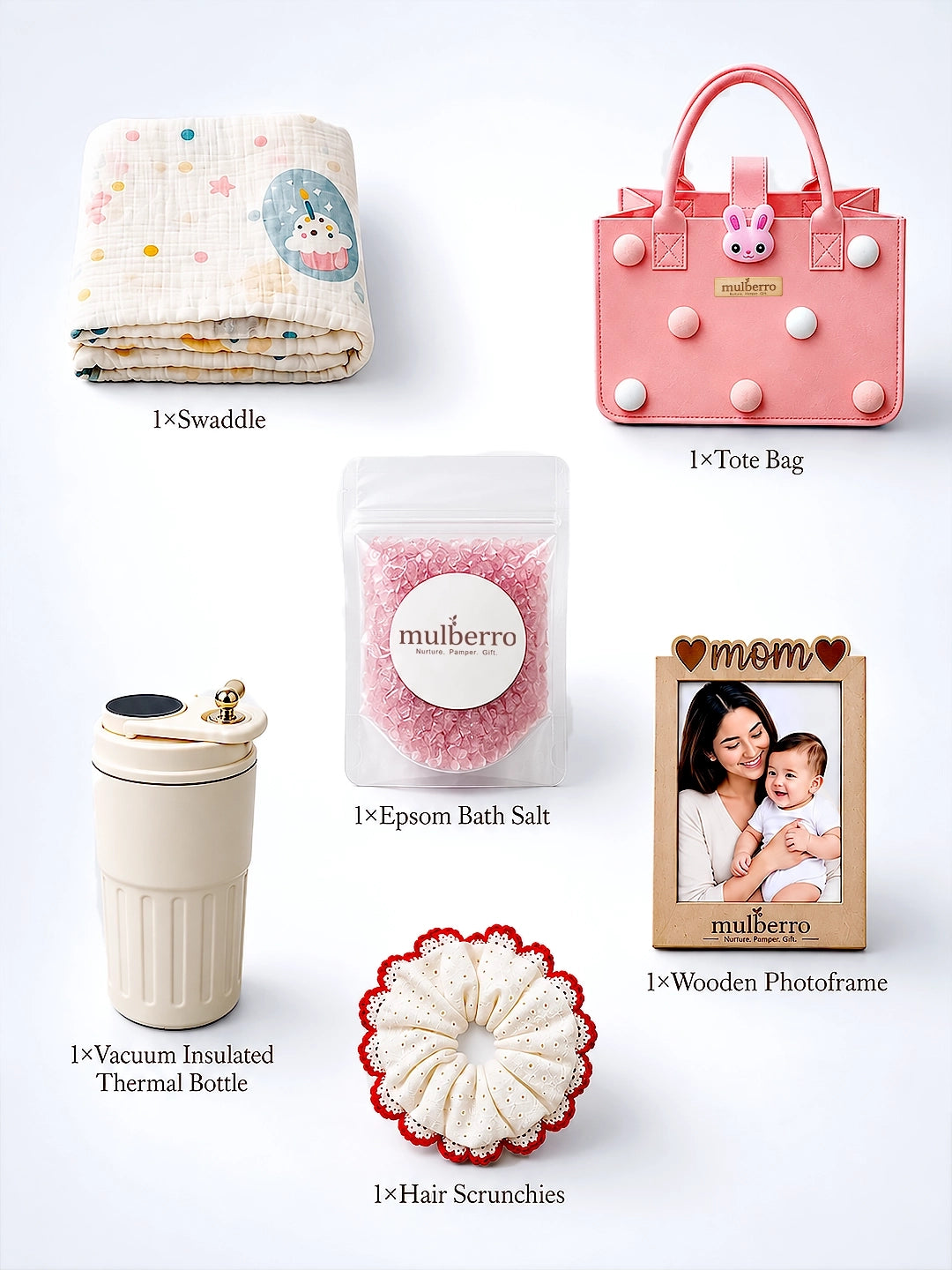 New Mom 6-Piece Baby Shower Gift Hamper | Pink Bunny Felt Tote Bag