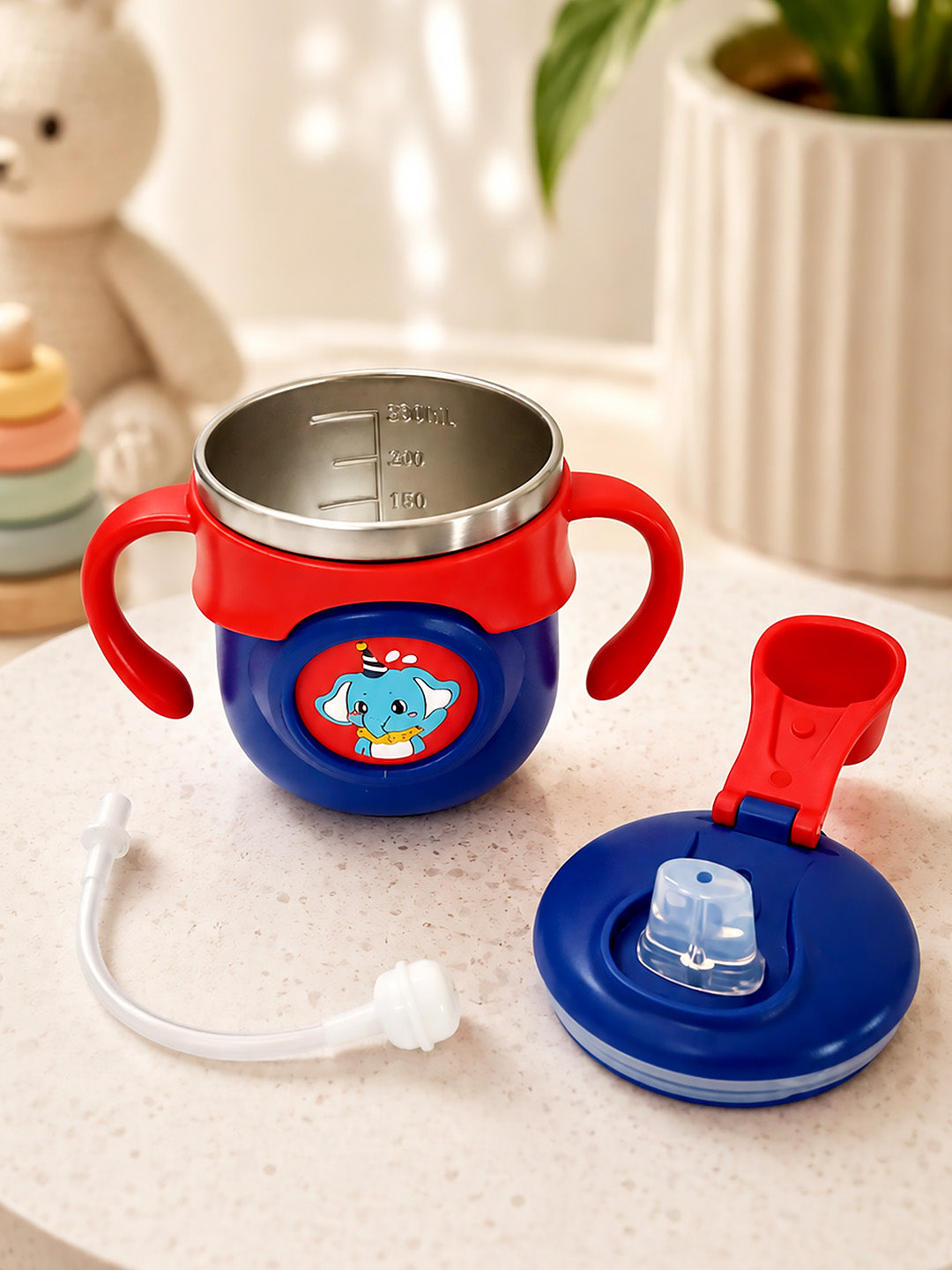 Elephant Stainless Steel Sipper Bottle for Babies & Toddlers — 250ml | Spill-Proof Spout, Flip Straw & Dual Handles