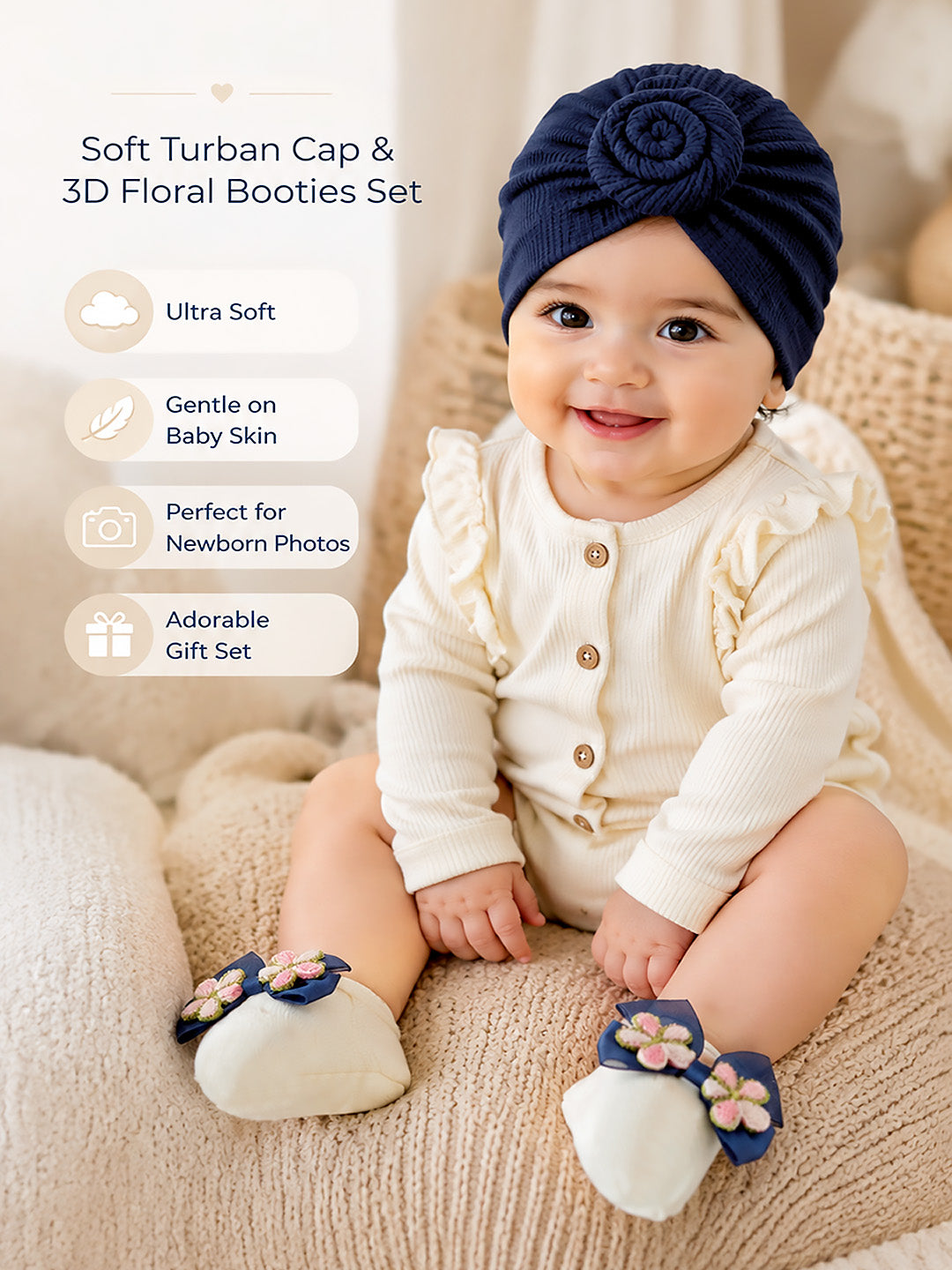 Baby Girl Soft Turban Cap & 3D Floral Booties Set | Navy Blue | Infant Party Wear Gift Set
