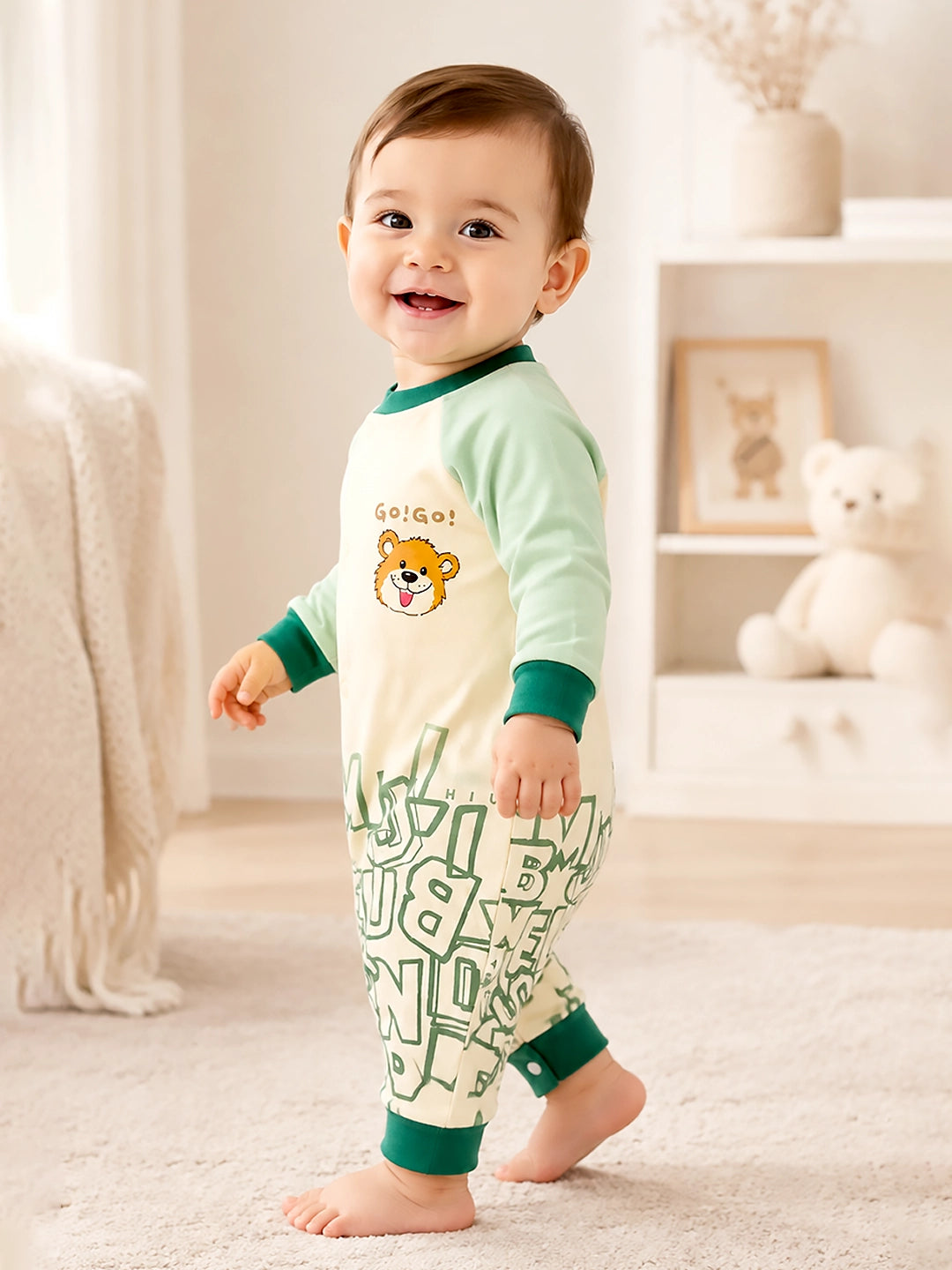 Green Bear Baby Romper | Full Sleeve | Snap Button | Footless | Premium Cotton | 0–12 Months