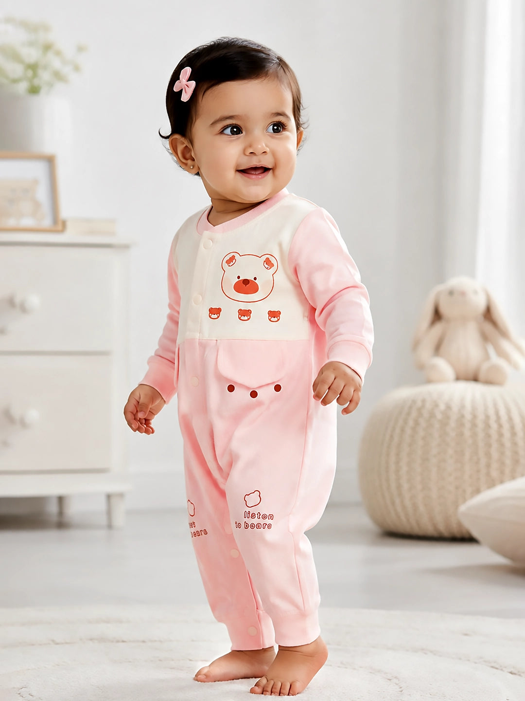 Bear Print Baby Romper | Full Sleeve | Snap Button | Footless | Soft Cotton | 0–12 Months